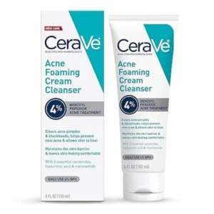 CeraVe Acne Foaming Cream Cleanser | Acne Treatment Face Wash with 4% Benzoyl Peroxide, Hyaluronic Acid, and Niacinamide | Cream to Foam Formula | Fragrance Free & Non Comedogenic