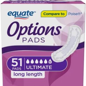 Equate Options Incontinence Pads for Women, Ultimate Absorbency, Long Length (51 Count) and Bookmark Gift of YOLOMOLO
